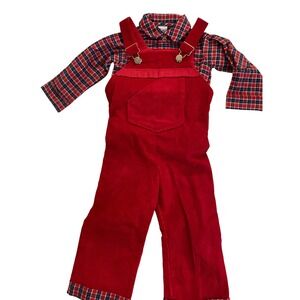 Thomas Corduroy Overalls Set Boys 2 Red Plaid Vintage Preppy 2 piece Outfit